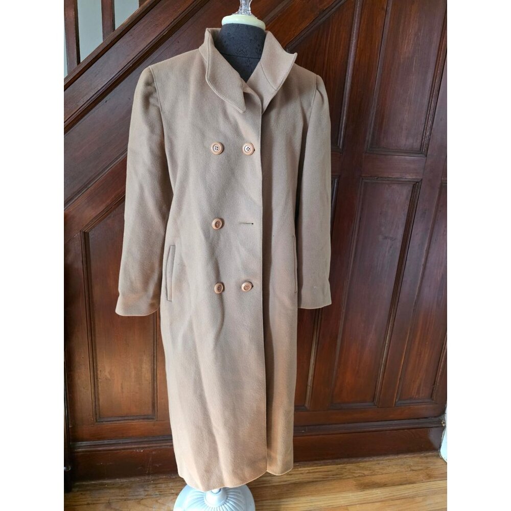 Vintage Camel Double-Breasted Wool Coat Longline With Pink Satin Lining Womens